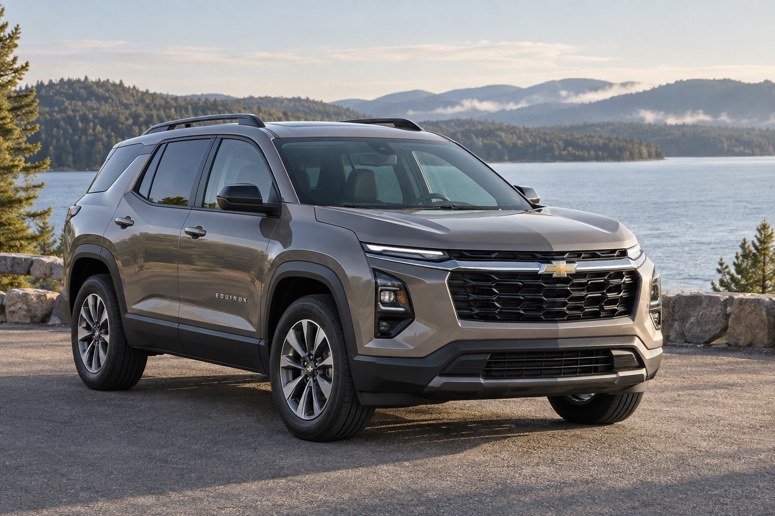 AI-generated illustration of a gray 2026 Chevrolet Equinox parked at a lakeside overlook.