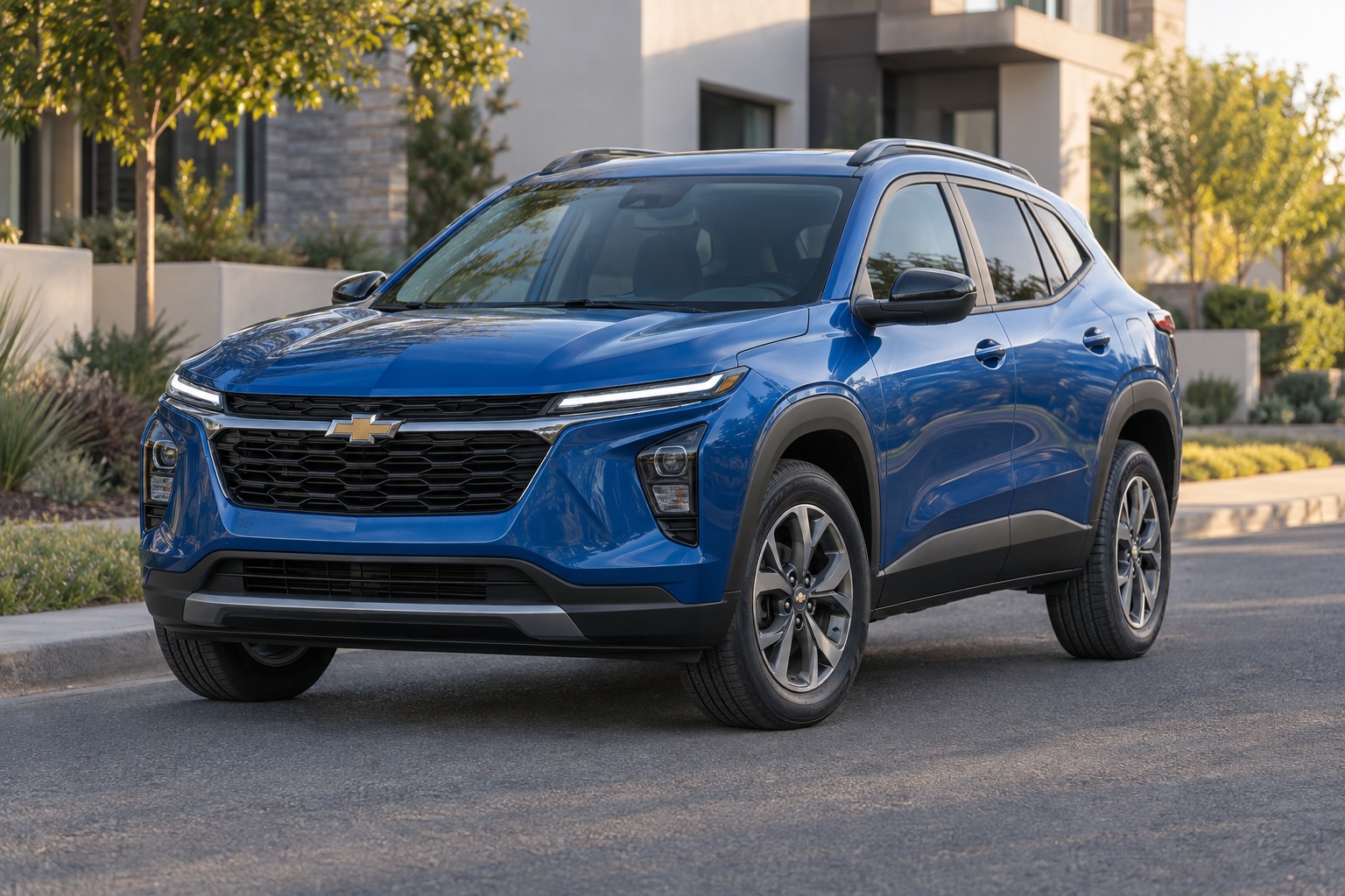 AI-generated illustration of a blue 2026 Chevrolet Trax parked on a neighborhood street.