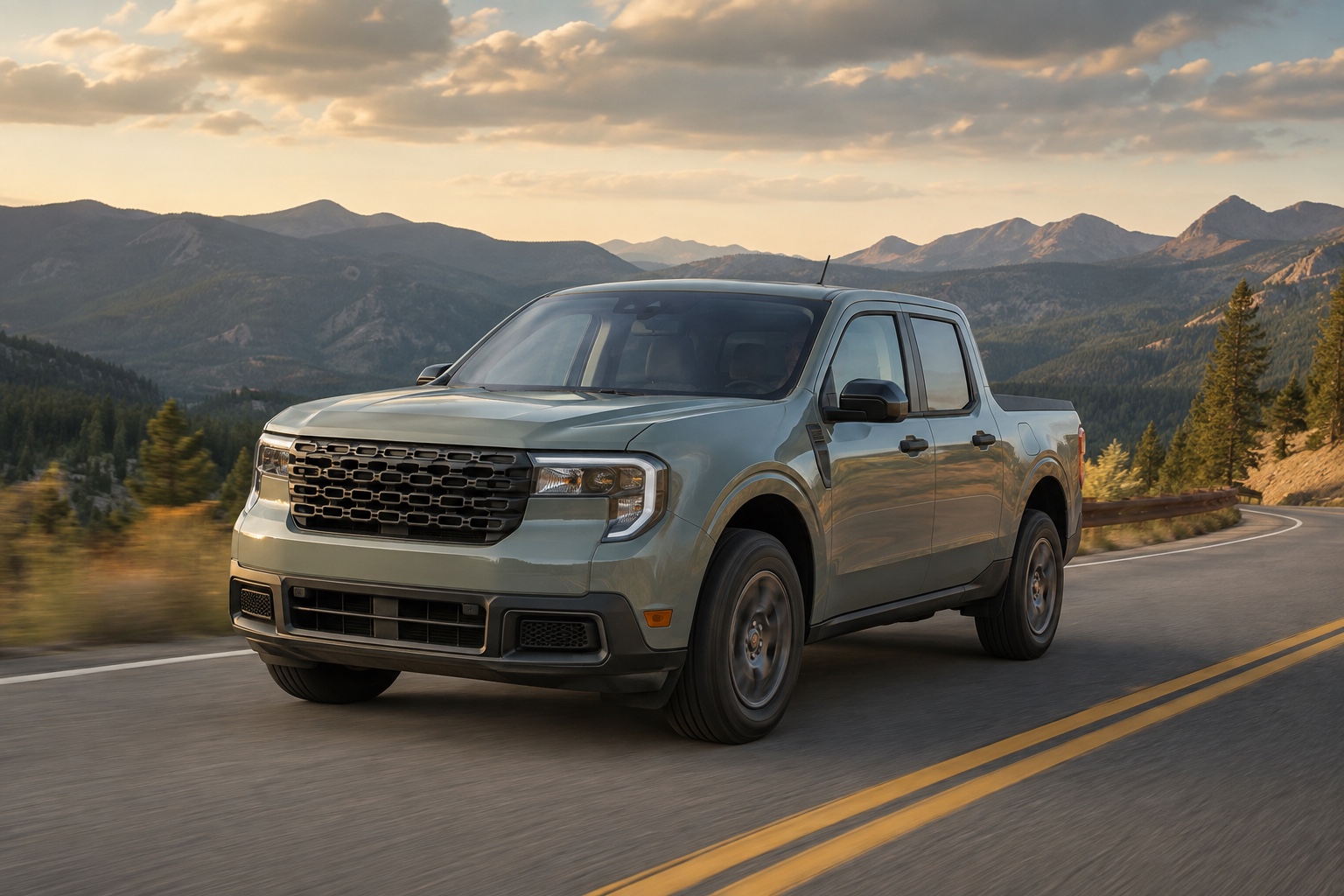 AI-generated editorial illustration of a 2026 Ford Maverick compact pickup on a mountain road