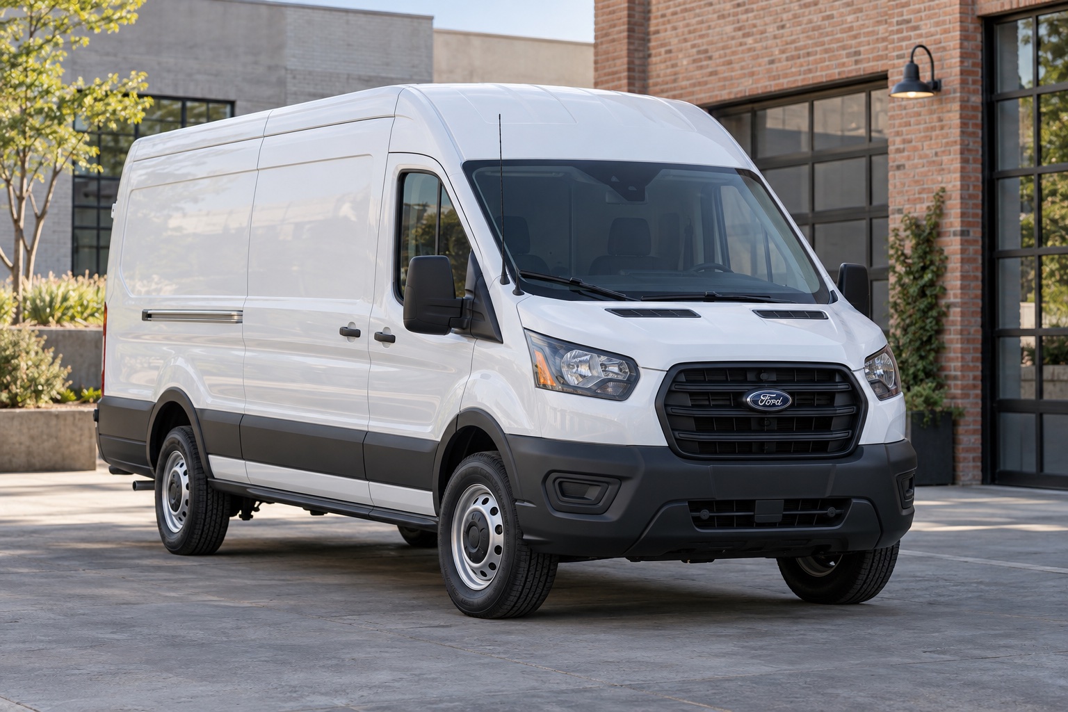 AI-generated illustration of a white 2026 Ford Transit high-roof cargo van in an urban courtyard.