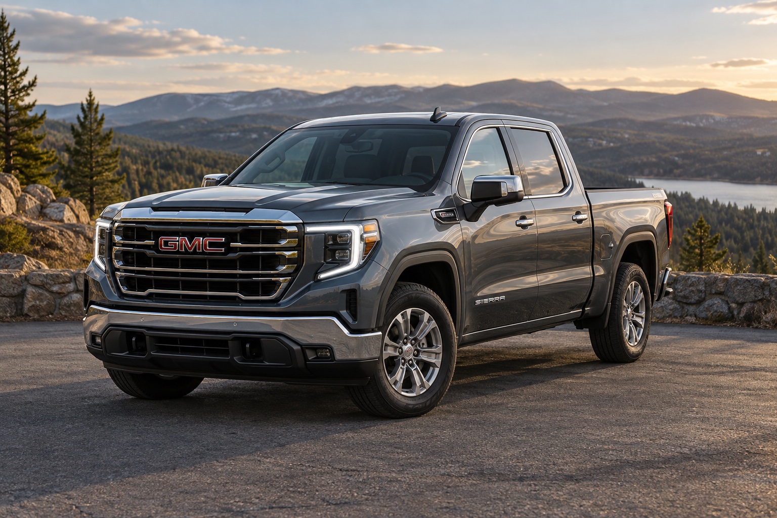 AI-generated illustration of a gray 2026 GMC Sierra 1500 crew cab at a mountain overlook.