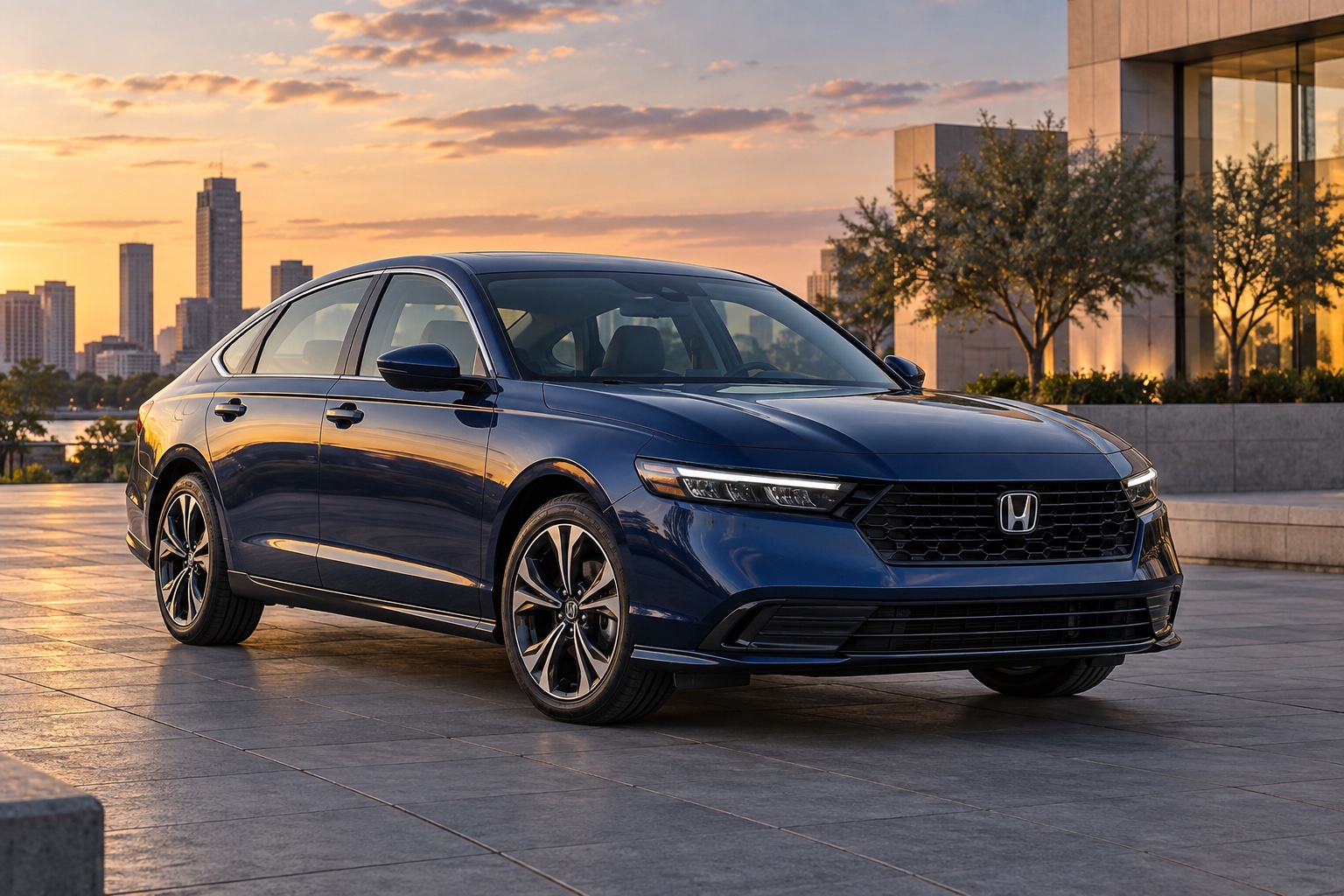 AI-generated illustration of a blue 2026 Honda Accord sedan in a modern city plaza.