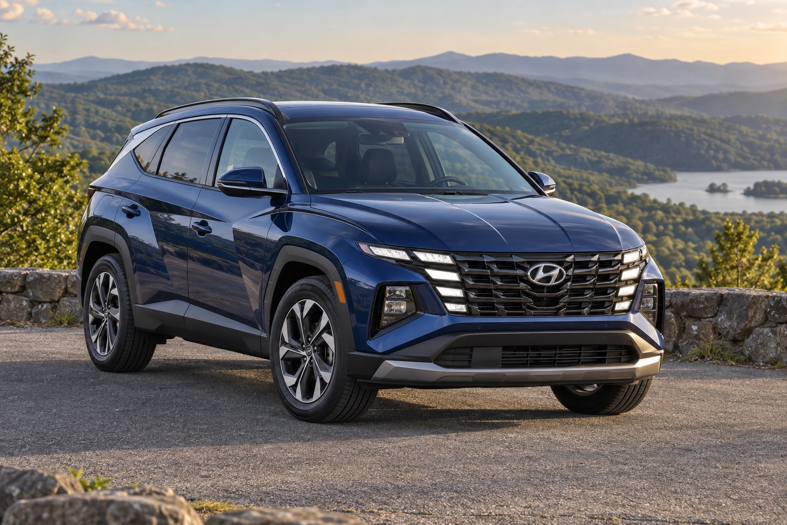 AI-generated illustration of a blue 2026 Hyundai Tucson parked at a scenic overlook.