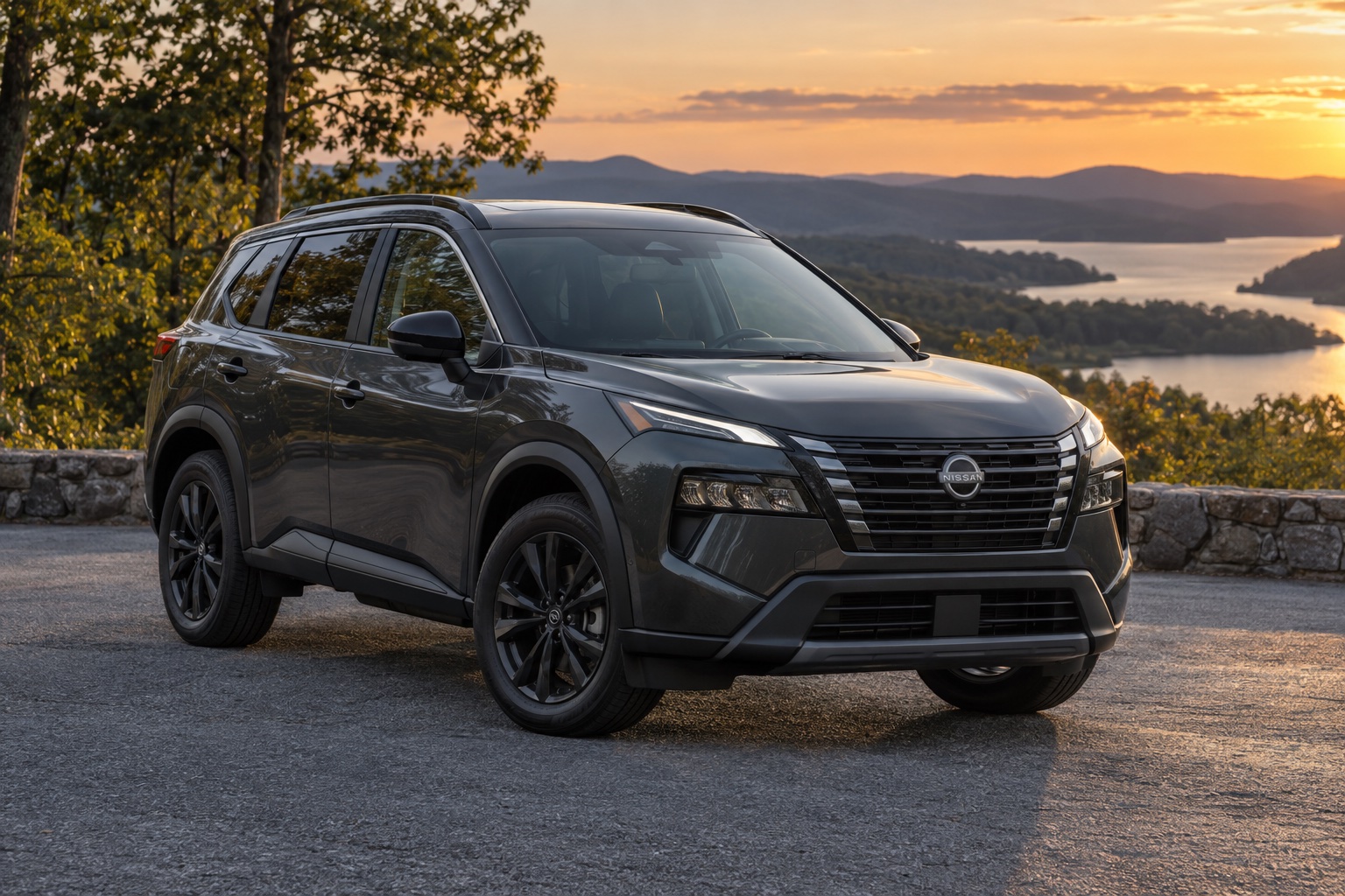 AI-generated illustration of a graphite 2026 Nissan Rogue parked at a wooded overlook.