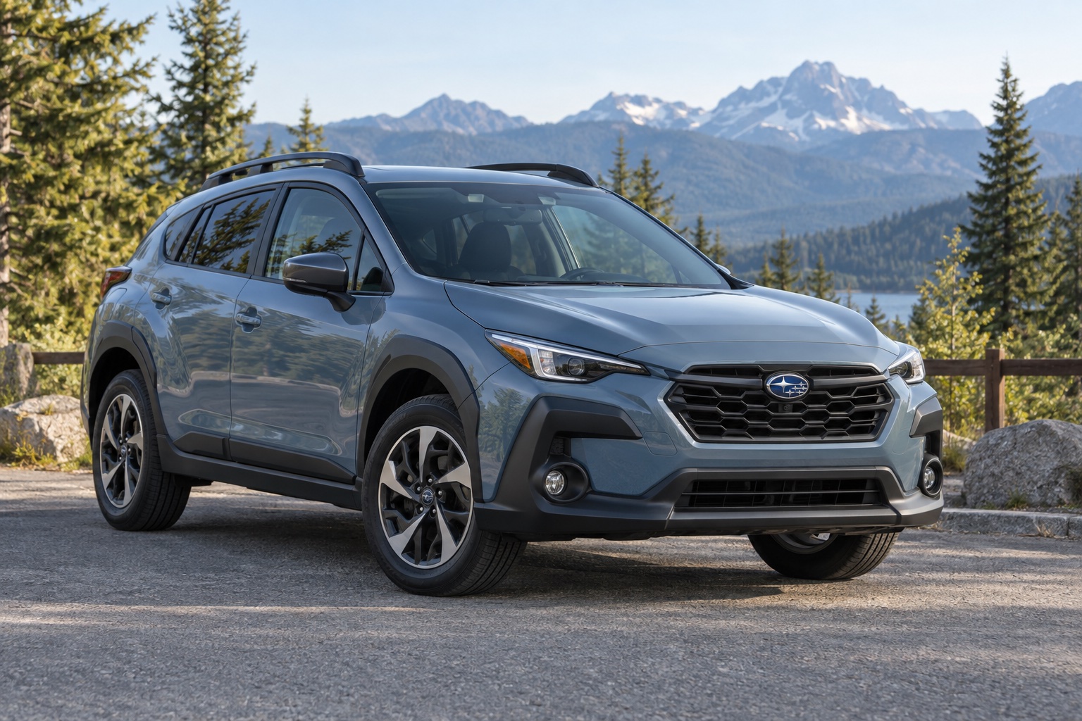 AI-generated illustration of a blue-gray 2026 Subaru Crosstrek parked beside a forest.