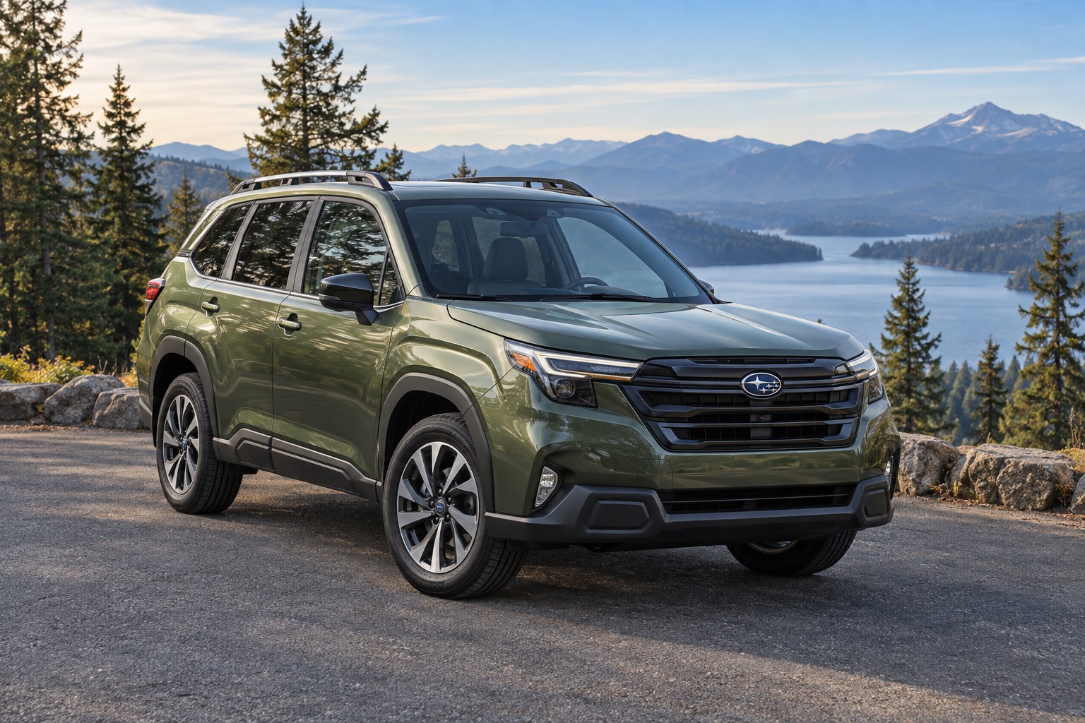 AI-generated illustration of a green 2026 Subaru Forester parked at a mountain-lake overlook.